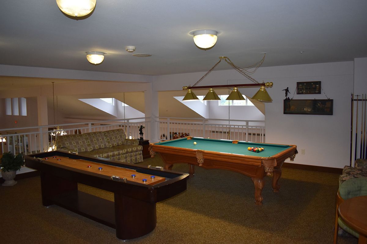 A cozy game room featuring a pool table and shuffleboard.