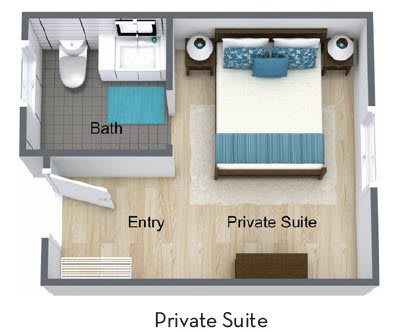 A floor plan of a private suite with an entryway, bathroom, and bedroom.