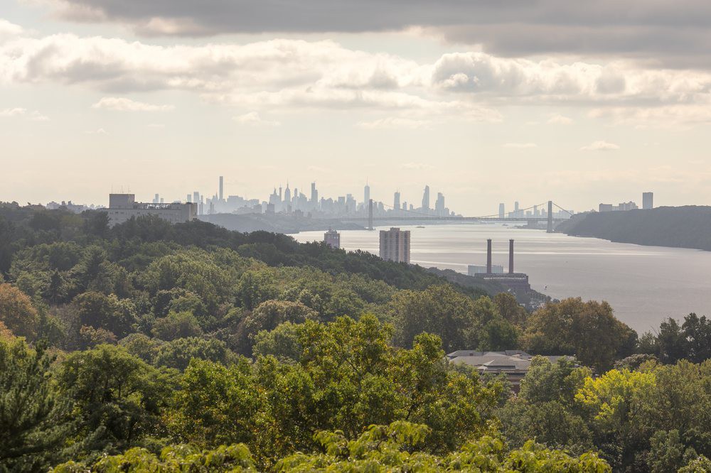 A scenic view of a city skyline in the distance, with lush greenery and a river flowing under a cloudy sky.