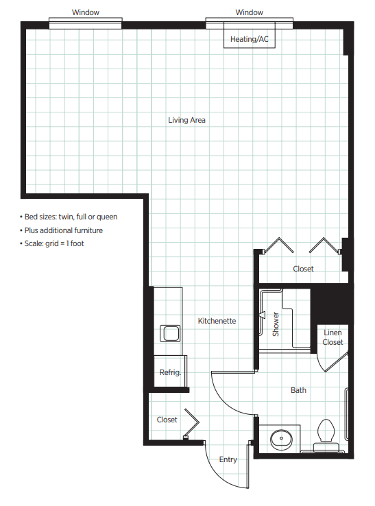 A floor plan of an apartment featuring a living area, kitchen, and bathroom.
