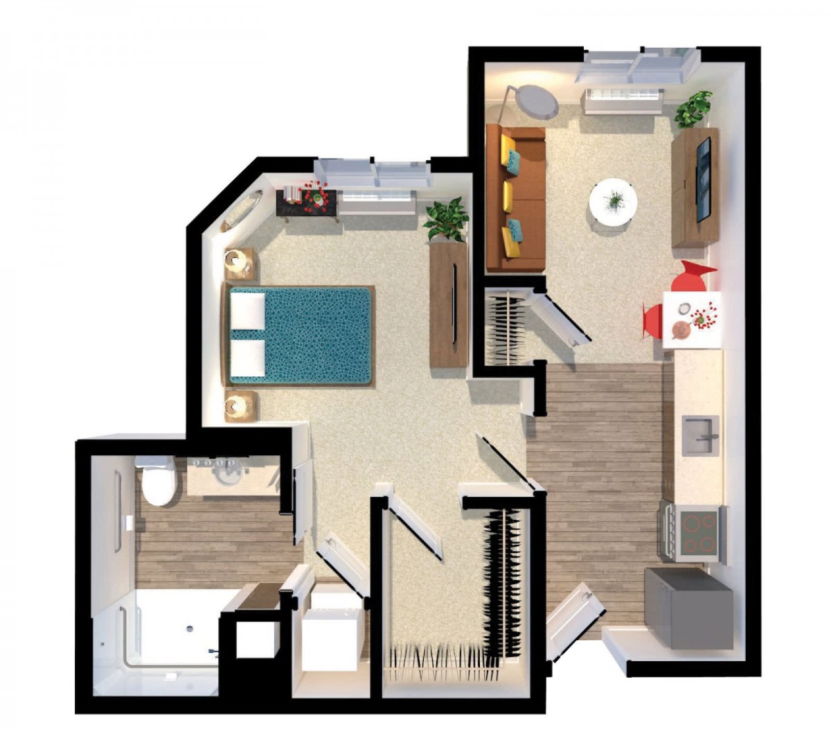 A detailed floor plan of a one-bedroom apartment featuring a living room, kitchen, and bathroom.