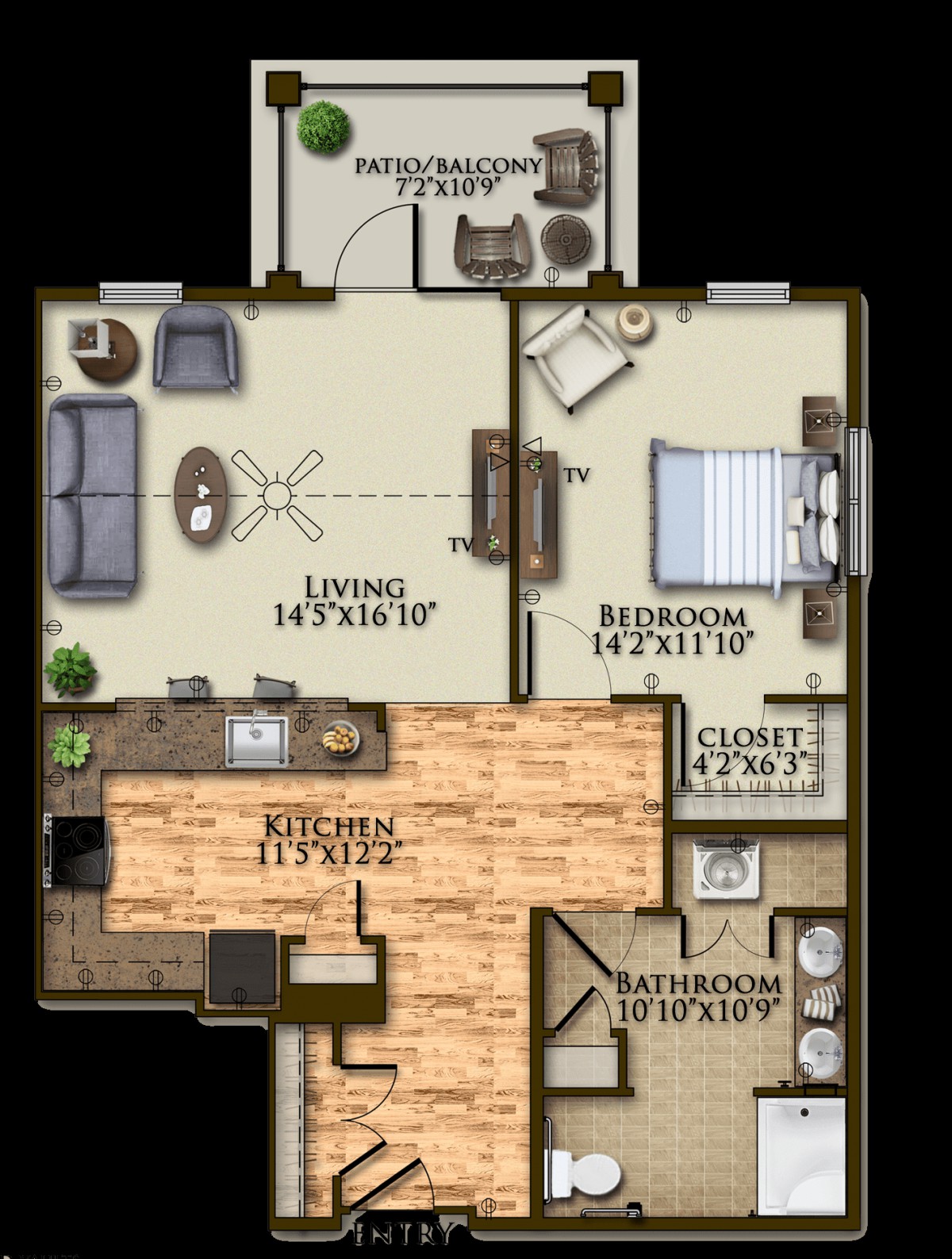 A one-bedroom apartment floor plan featuring a living room, kitchen, bathroom, and closet.
