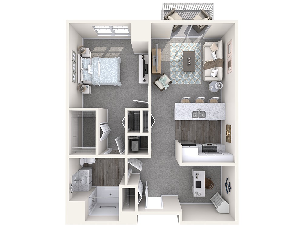 A detailed floor plan of a one-bedroom apartment with a living room, kitchen, and bathroom.