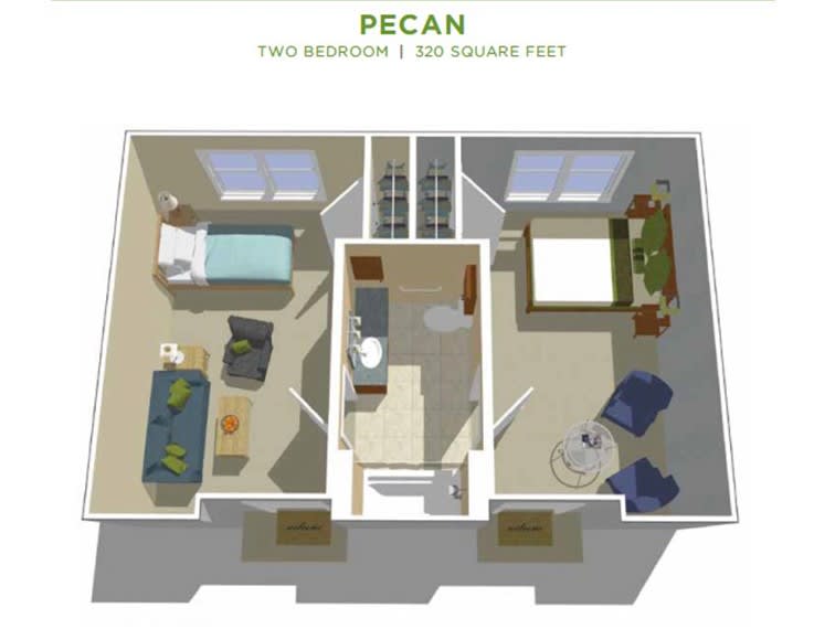 Pecan two-bedroom apartment floor plan layout.