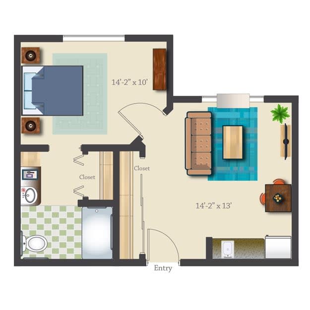 A floor plan of a one-bedroom apartment with a living room, kitchen, and bathroom.