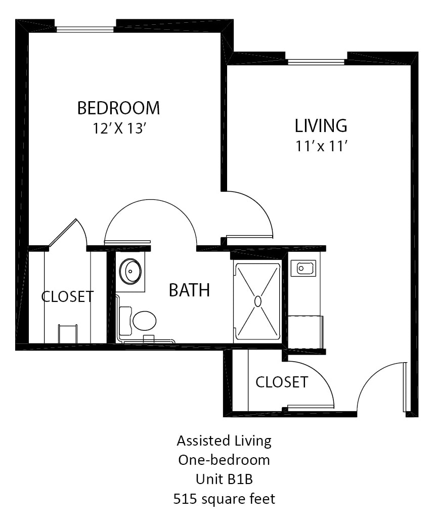 One-bedroom assisted living apartment floor plan.