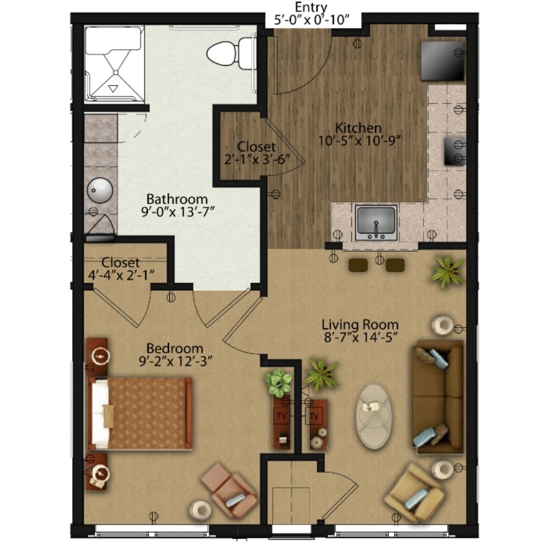 A floor plan of a one-bedroom apartment with living room, kitchen, and bathroom.