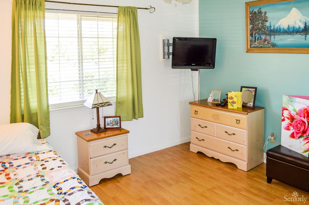 A bright, tidy bedroom featuring a dresser, wall-mounted TV, and a window with green curtains.