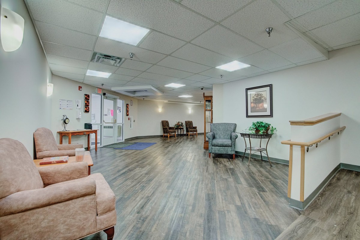 A modern lobby with comfortable seating and tasteful decor.