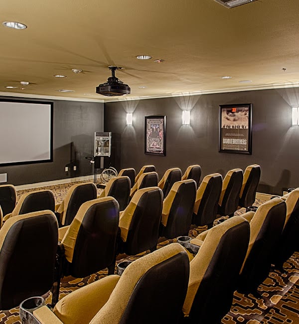 A home theater setup with multiple rows of seating facing a large projector screen, accompanied by movie posters on the walls.