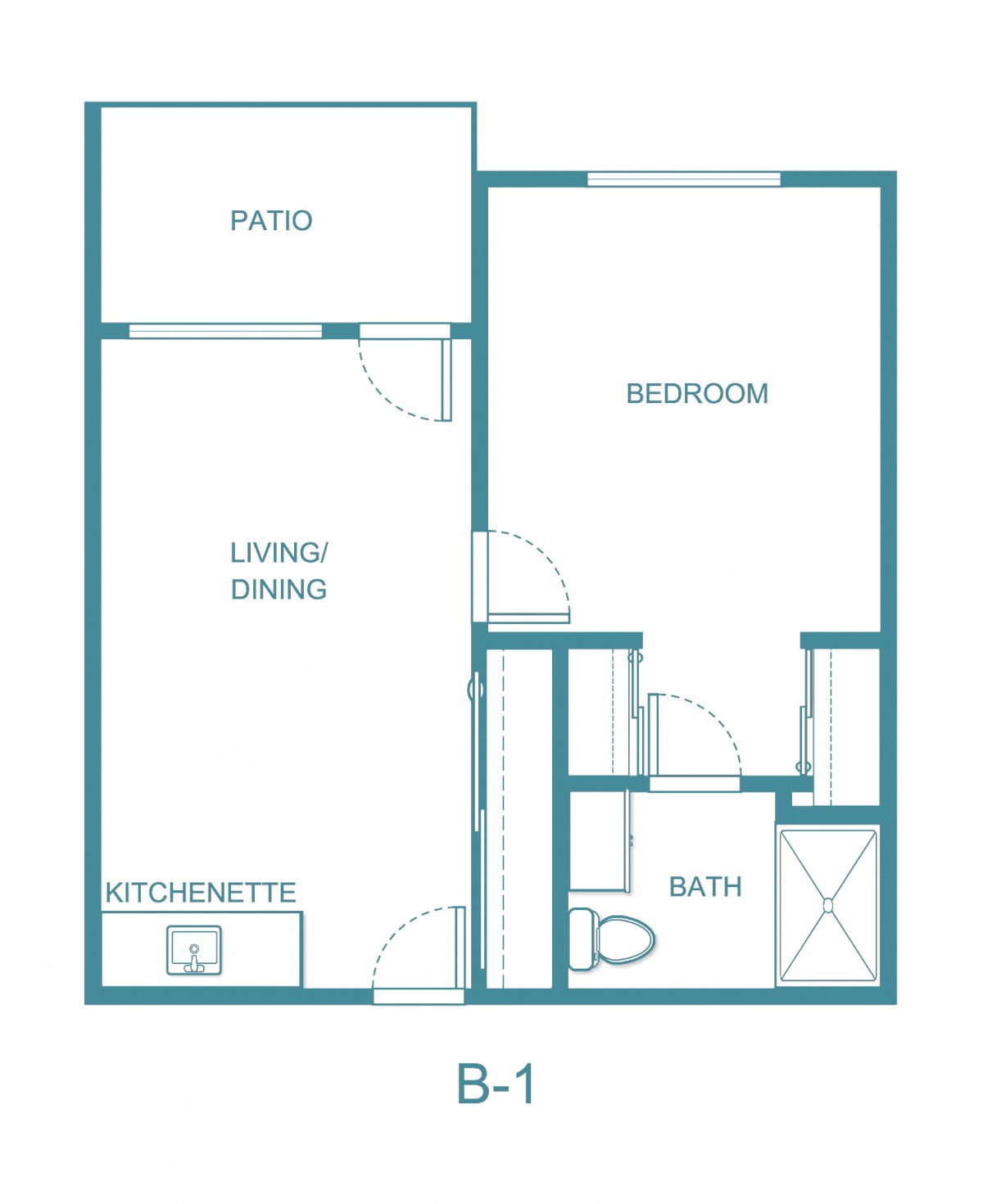 A floor plan of a 1-bedroom apartment with a bathroom, kitchenette, living area, and patio.