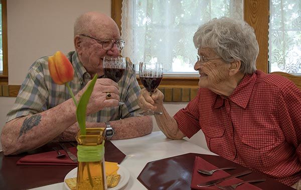 An elderly couple enjoying a toast with wine at a dining table.