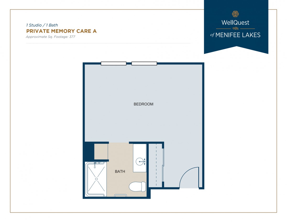 Floor plan of a single room with attached bathroom