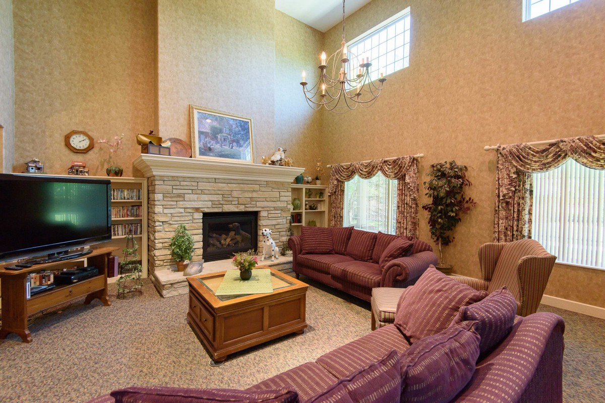 A cozy living room with a stone fireplace, purple sofas, and a wooden coffee table, adorned with decorative plants and bookshelves under a high ceiling.