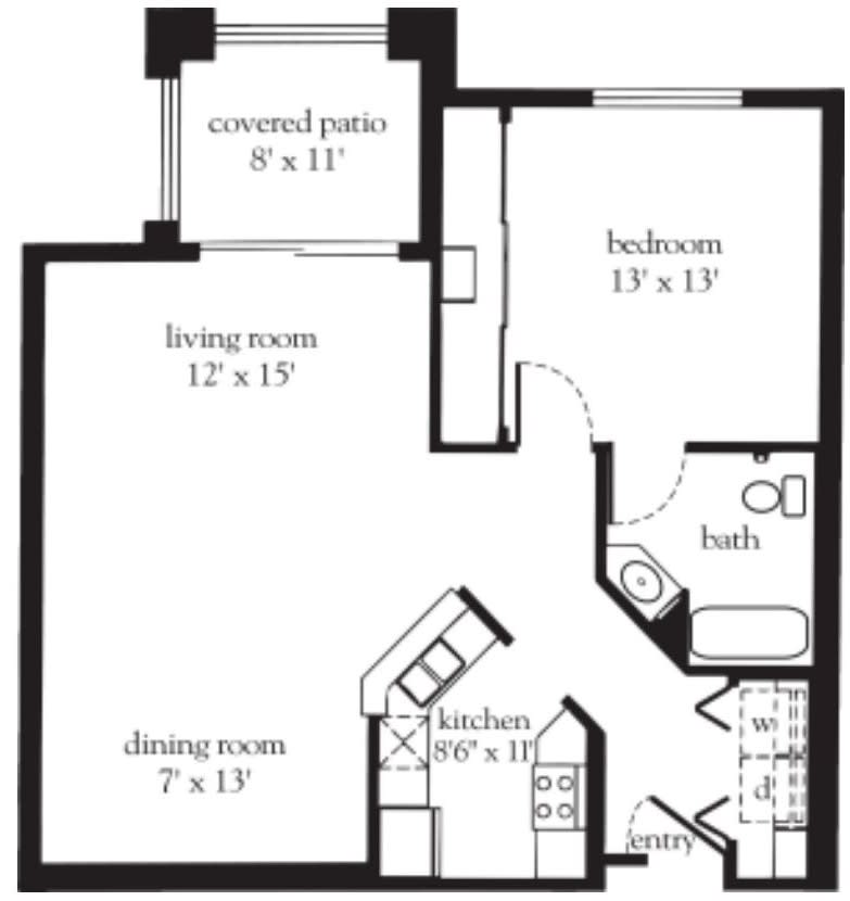 A floor plan of a one-bedroom apartment featuring a living room, dining area, kitchen, and bathroom.