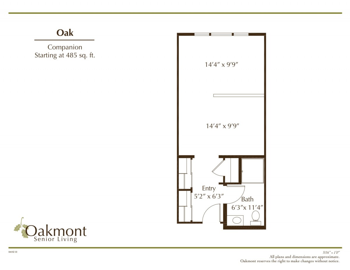 Floor plan of a studio apartment labeled 'Oak' with dimensions and layout details.