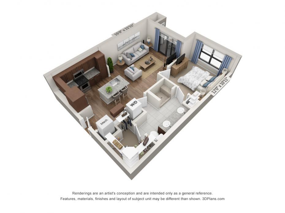 A 3D floor plan of a one-bedroom apartment with an open-concept living area and kitchen.