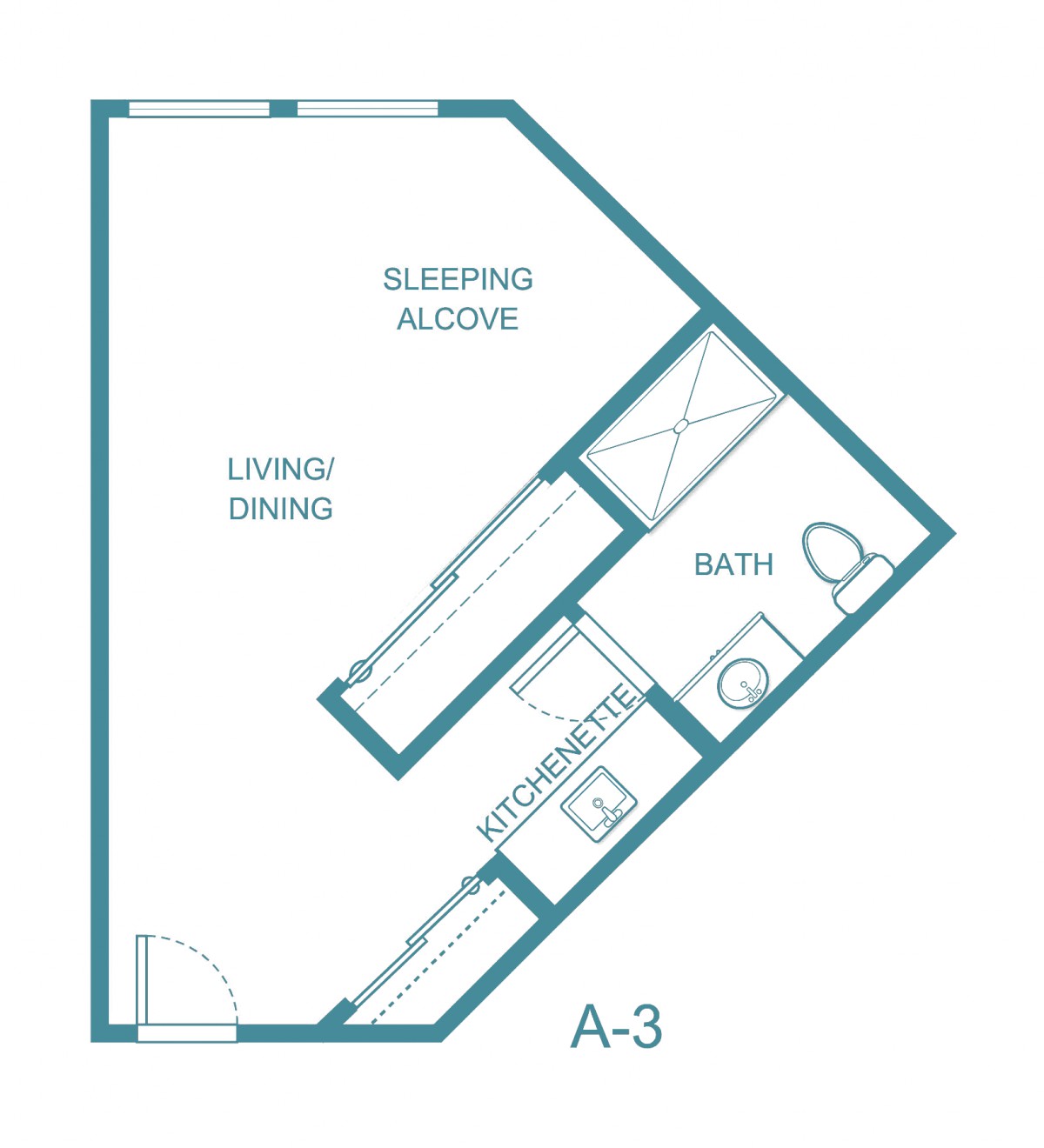 A floor plan of a studio apartment with a sleeping alcove and bathroom, labeled as A-3.