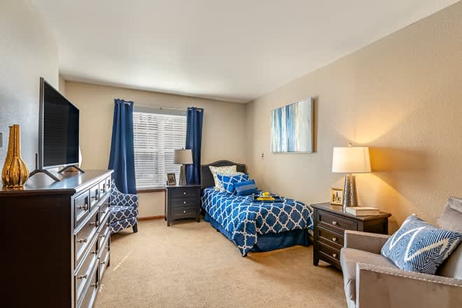 A cozy bedroom with a single bed, featuring blue and white bedding, complemented by modern decor and warm lighting.