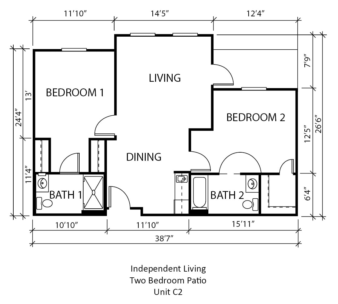 Floor plan of a two-bedroom apartment with living and dining areas.