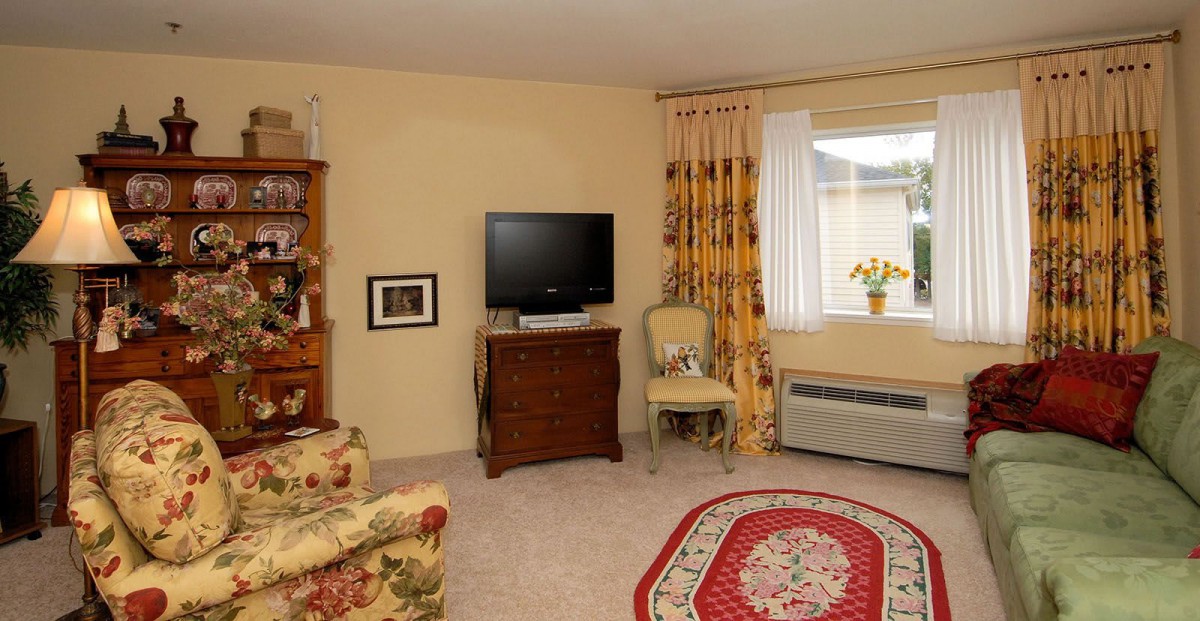 A cozy living room with a television, colorful rug, and vintage furniture.