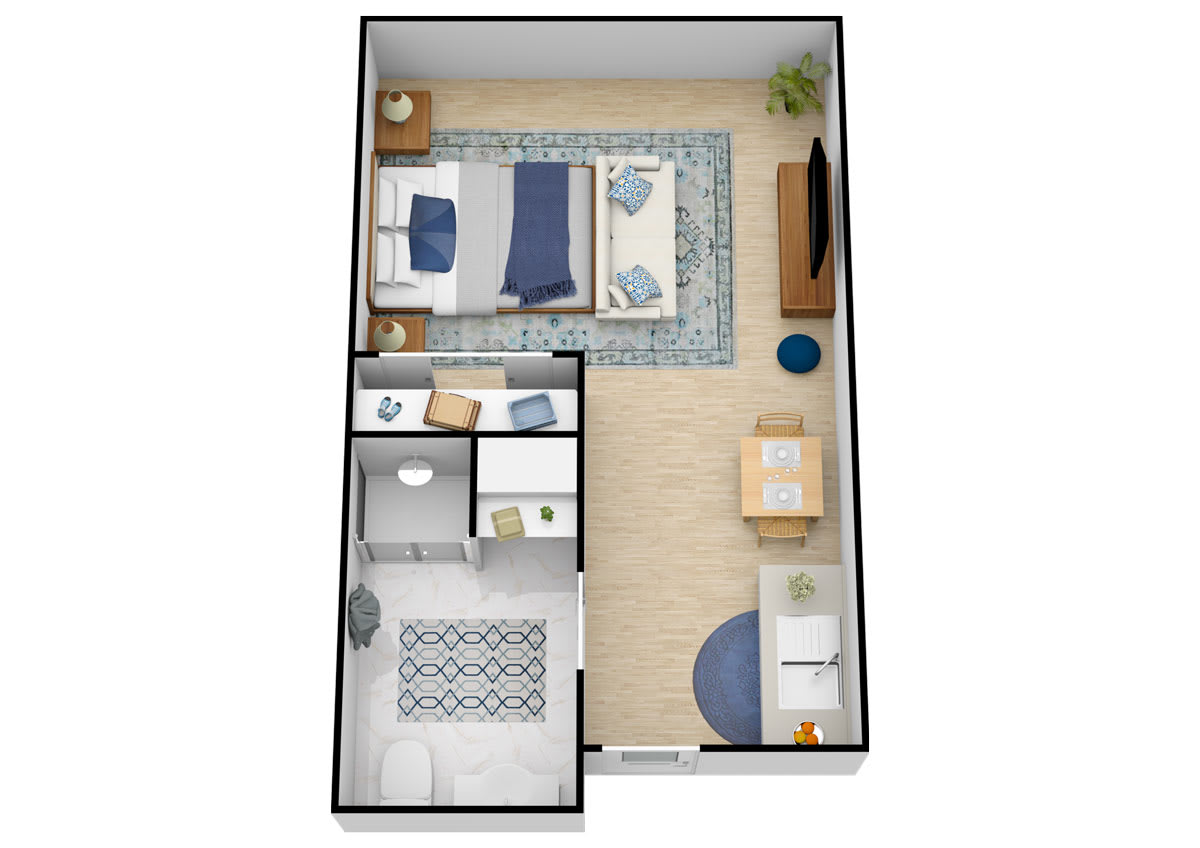 A top-down view of a studio apartment floor plan with a bed area, living space, and bathroom.