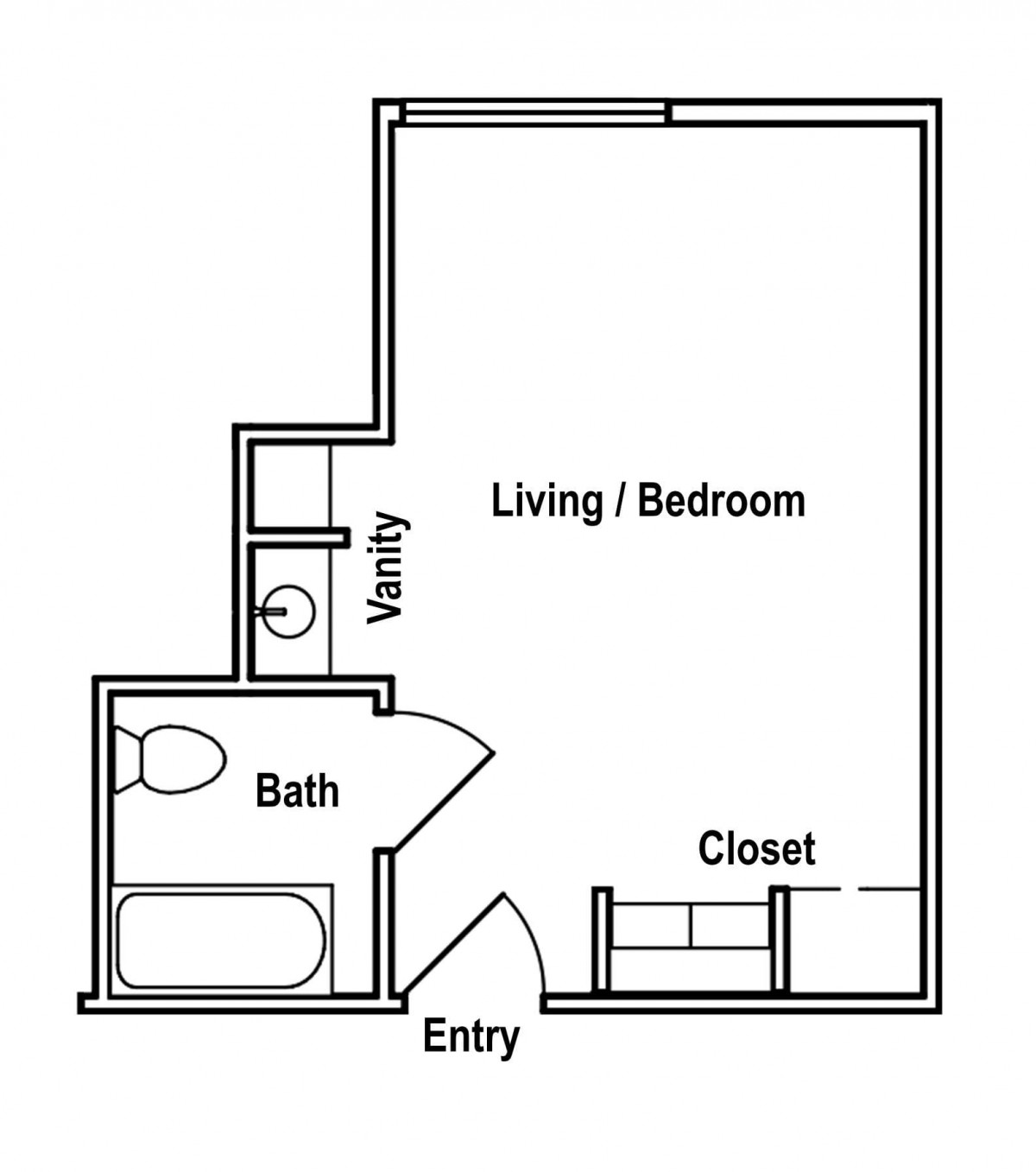 Floor plan of a studio apartment featuring a living/bedroom area, bathroom, closet, and entry.