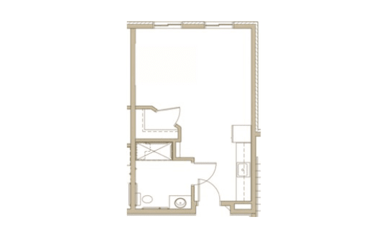 A compact floor plan of a studio apartment with designated areas for essential living spaces.