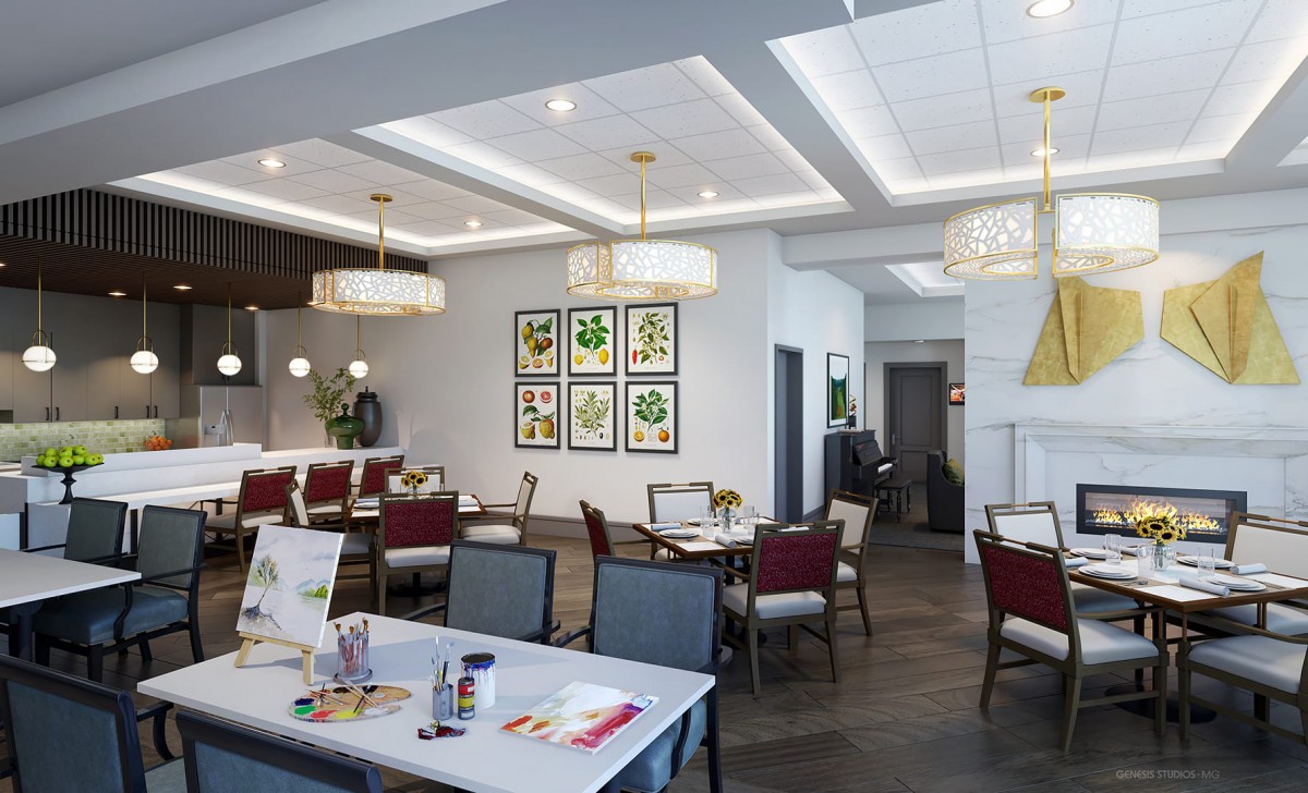 A modern dining area with stylish lighting and comfortable seating.