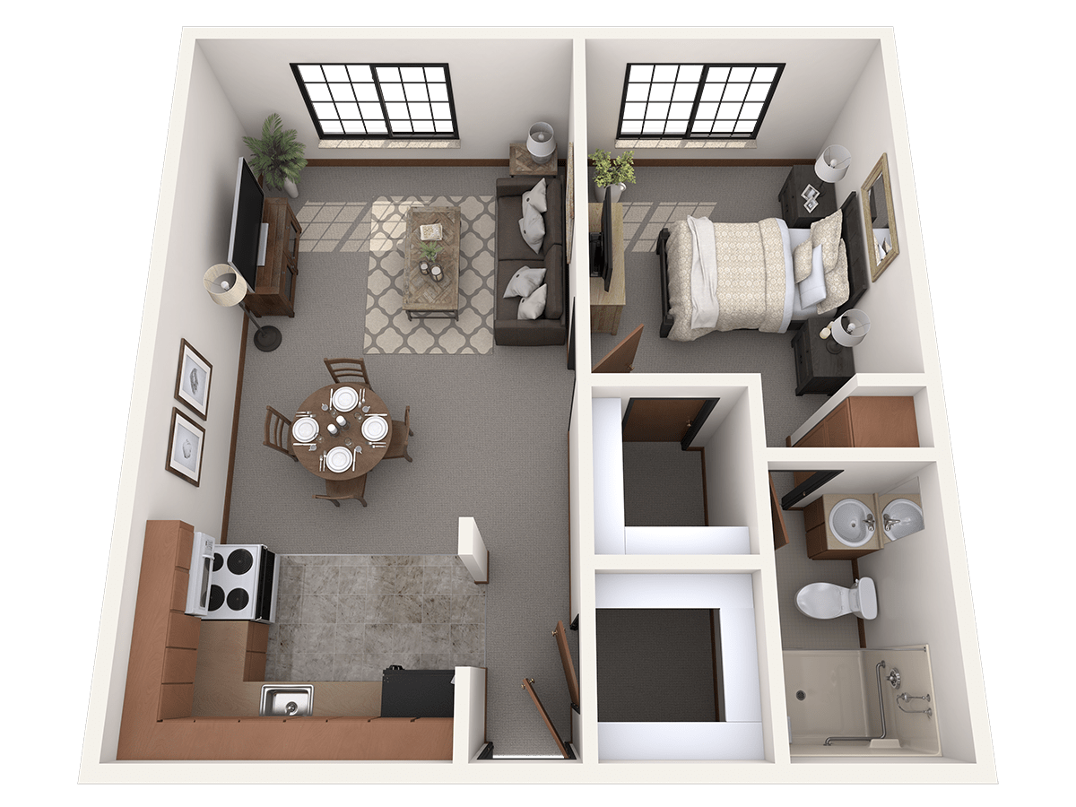 A 3D rendered floor plan of a one-bedroom apartment featuring a living room, kitchen, bedroom, and bathroom.