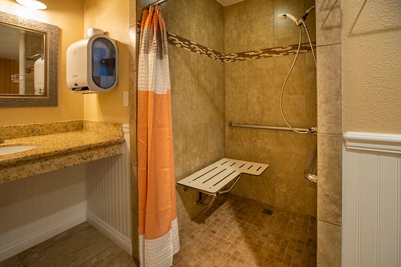 An accessible bathroom with a shower area featuring a foldable bench and grab bars for safety.