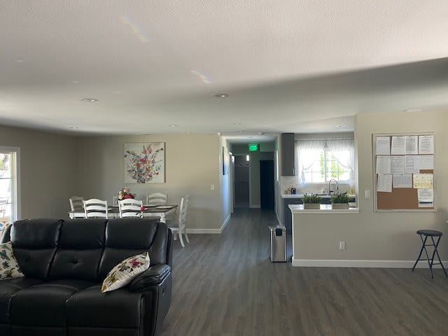 A modern open-plan living space featuring a comfortable leather couch, dining table set, and a kitchen area.