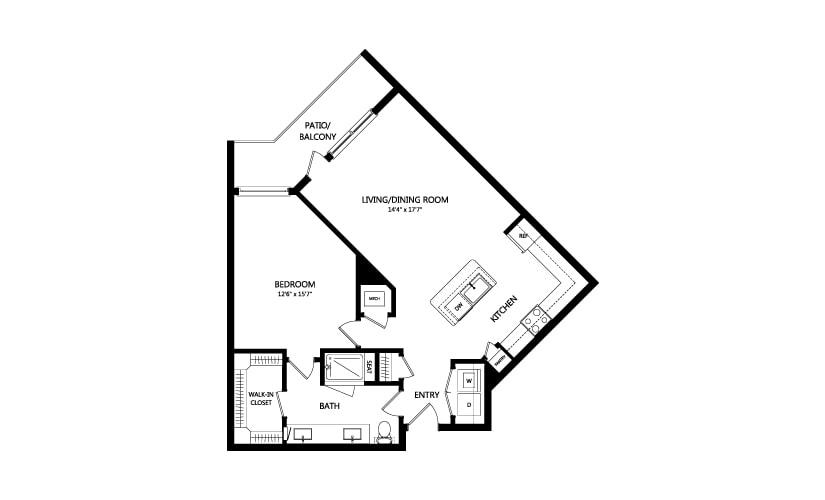 A floor plan of a one-bedroom apartment with an open living area and balcony.