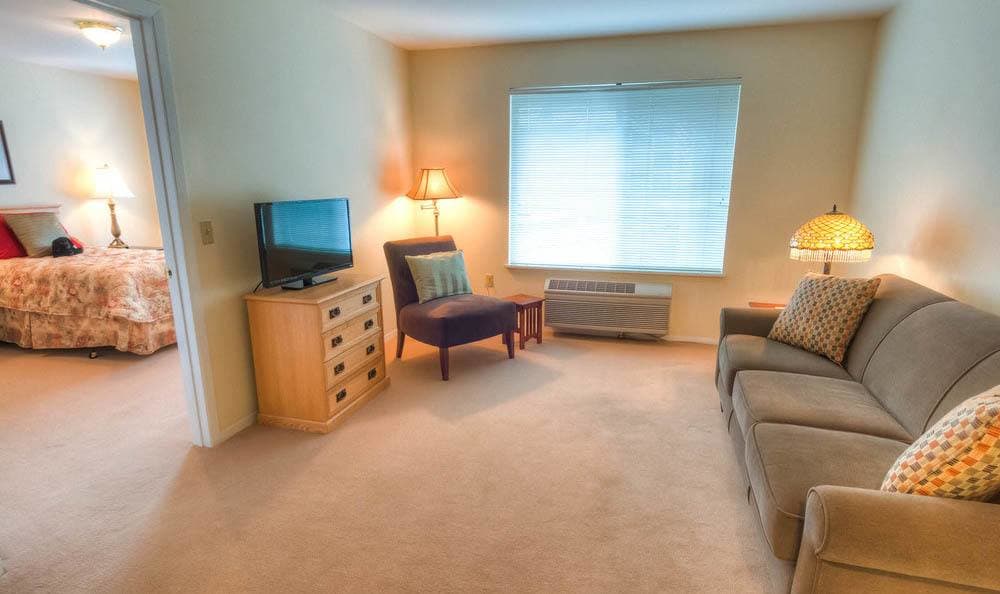 A cozy living room with a sofa, chair, television, and warm lighting.