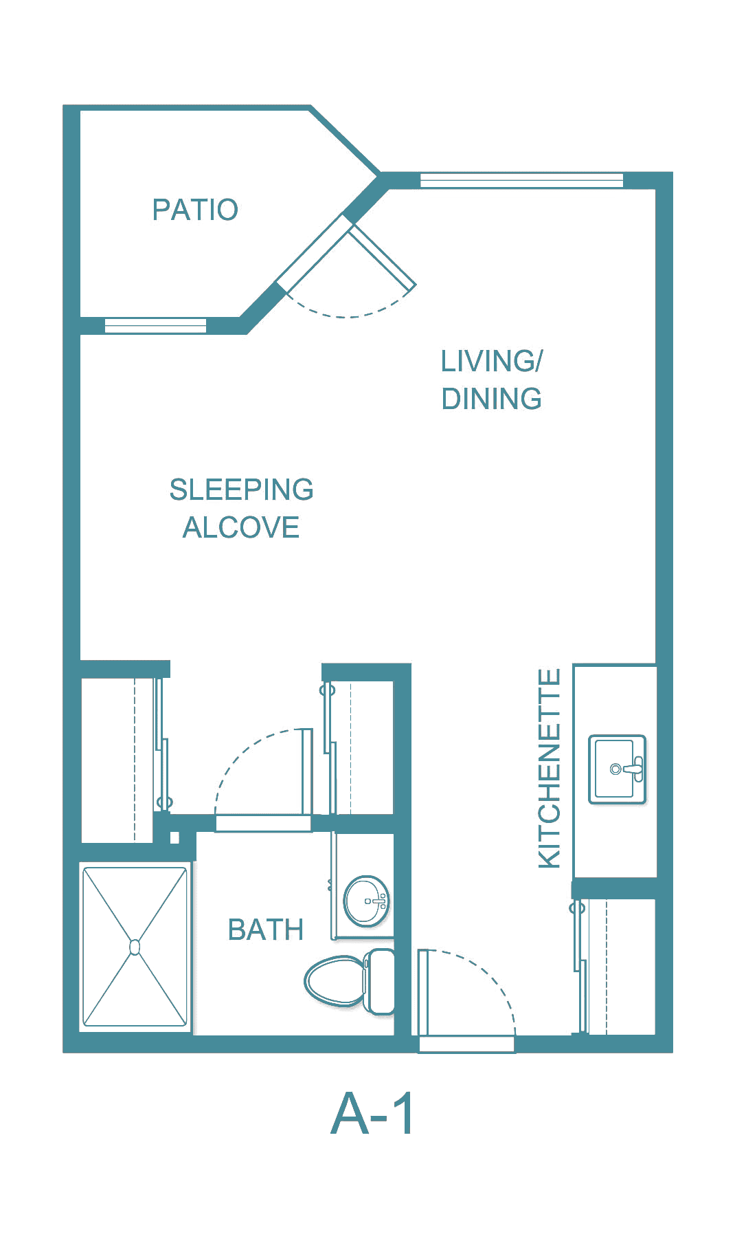 A floor plan of a studio apartment featuring a sleeping alcove, living/dining area, kitchenette, and bathroom.