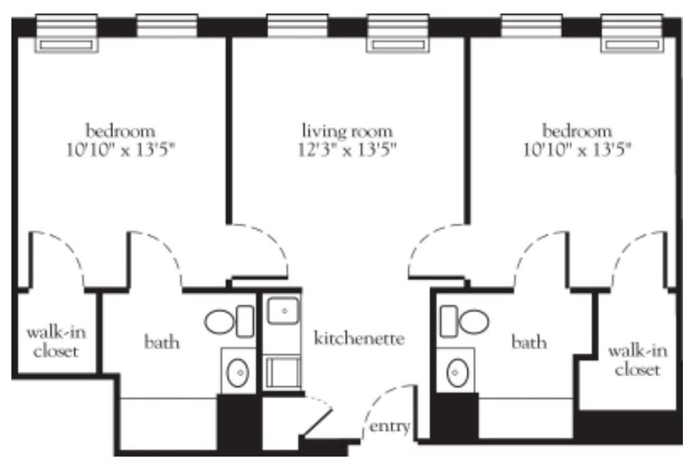 Apartment floor plan showing two bedrooms, a living room, and a kitchenette.
