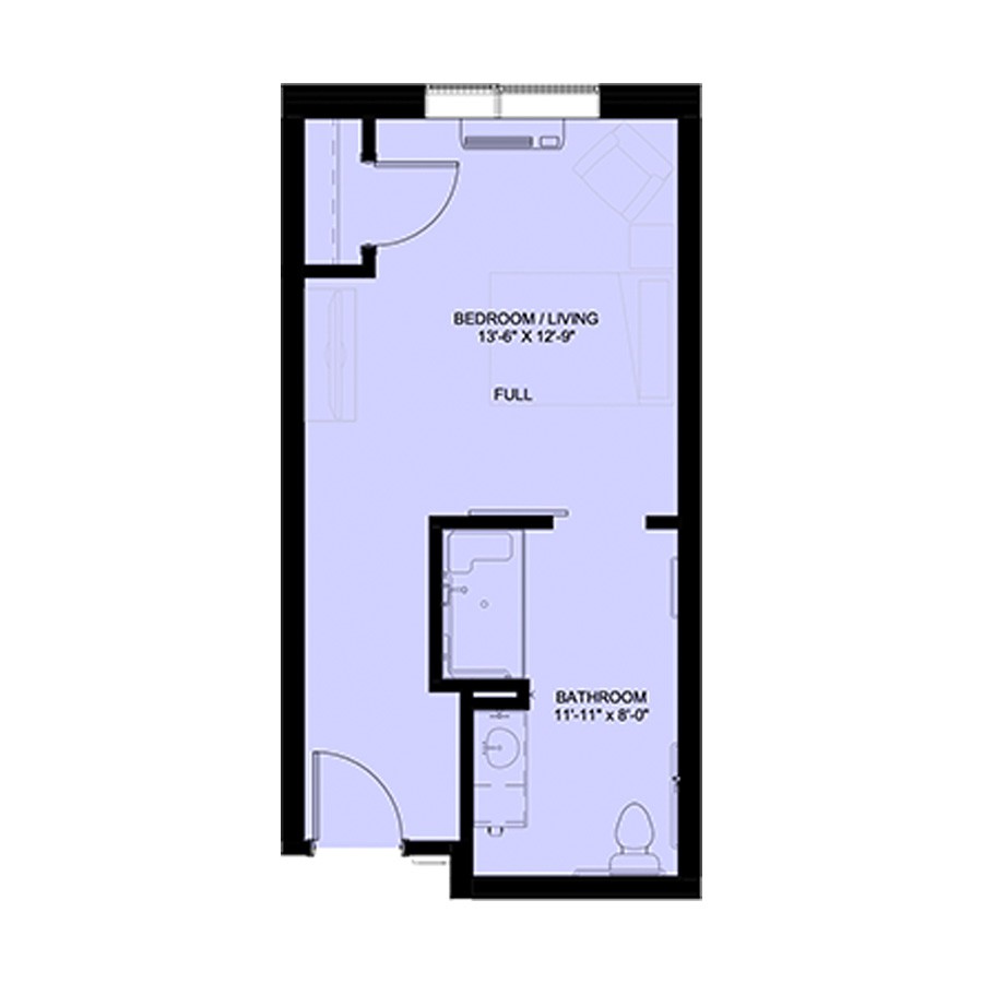 A floor plan depicting a small apartment layout with designated areas for kitchen and bedroom.