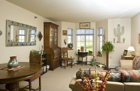 A cozy living room with elegant wooden furniture and decorative items, featuring large windows and indoor plants.