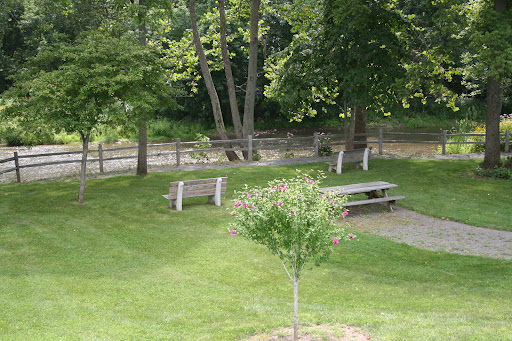 A serene park setting with benches, trees, and a manicured lawn.