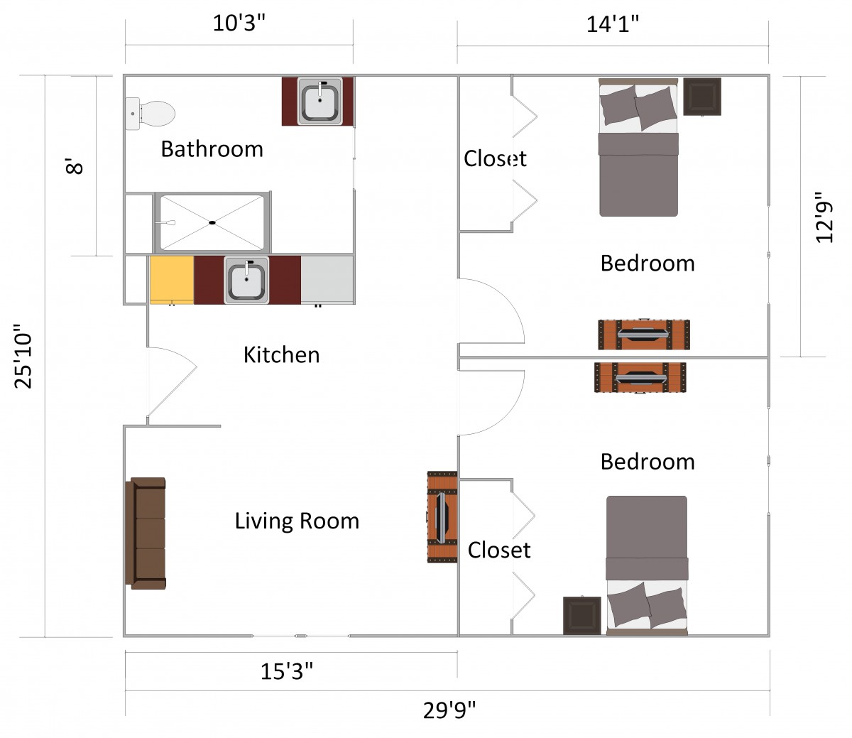 A floor plan showing the layout of an apartment with two bedrooms, a living room, kitchen, bathroom, and closets.
