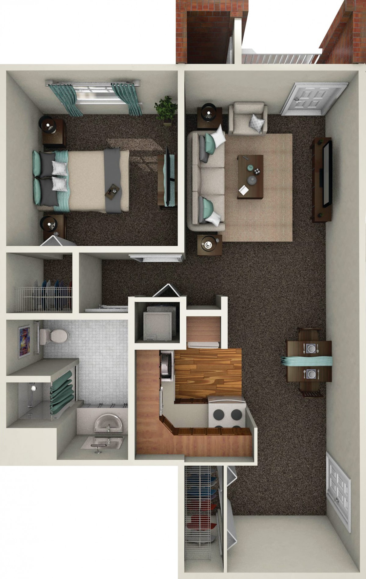A 3D floor plan of a one-bedroom apartment featuring a living room, kitchen, bathroom, and bedroom.