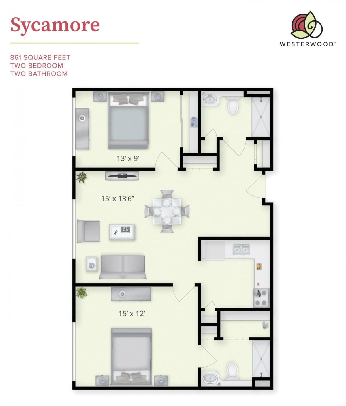 A floor plan of a two-bedroom apartment showing the layout of rooms and spaces.