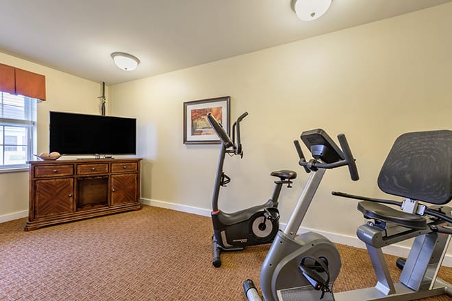 A small home exercise room featuring stationary bikes and a television.