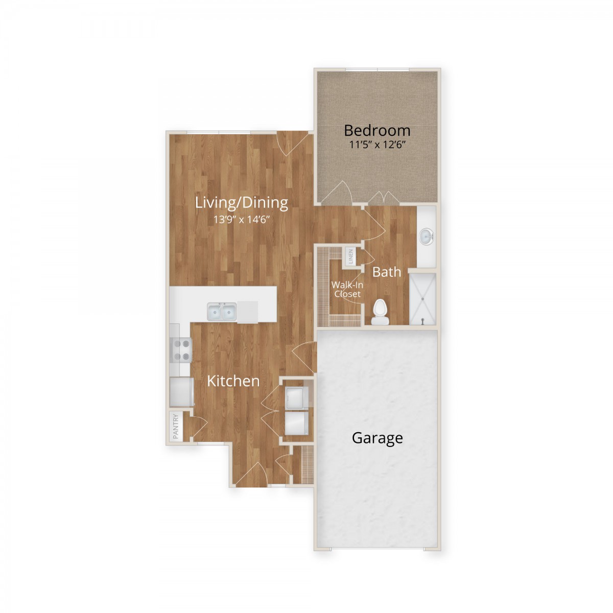A detailed floor plan showing the layout of a home, including living area, kitchen, bathroom, and garage.