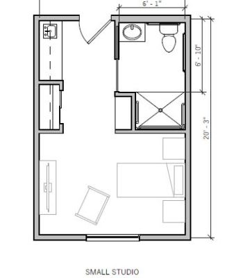 A simple floor plan illustrating a compact living space with a bathroom and kitchen area.