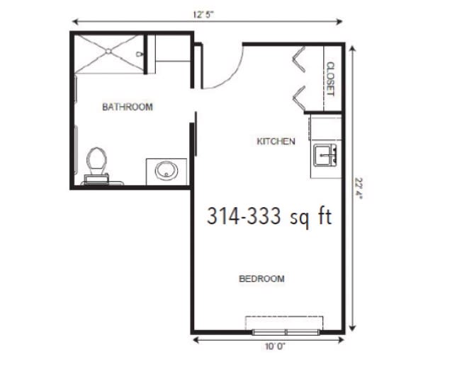 Floor plan of a studio apartment measuring 314-333 square feet.