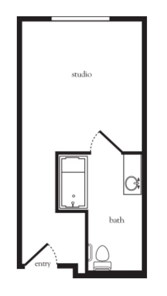 A simple floor plan of a studio apartment with a separate bathroom area.