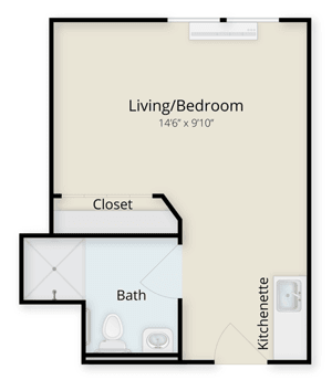 Floor plan of a studio apartment with a living/bedroom area, kitchenette, bathroom, and closet.