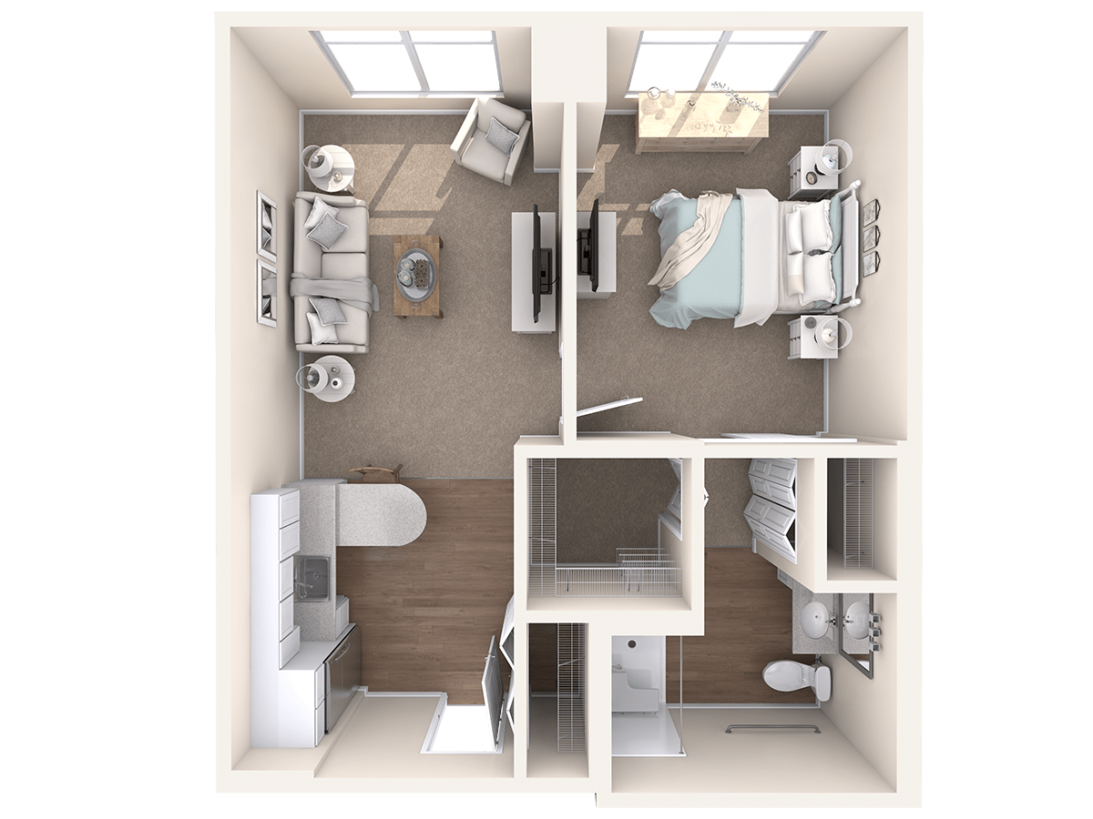 A top-down view of a simple apartment floor plan featuring a living room, bedroom, bathroom, and kitchen.