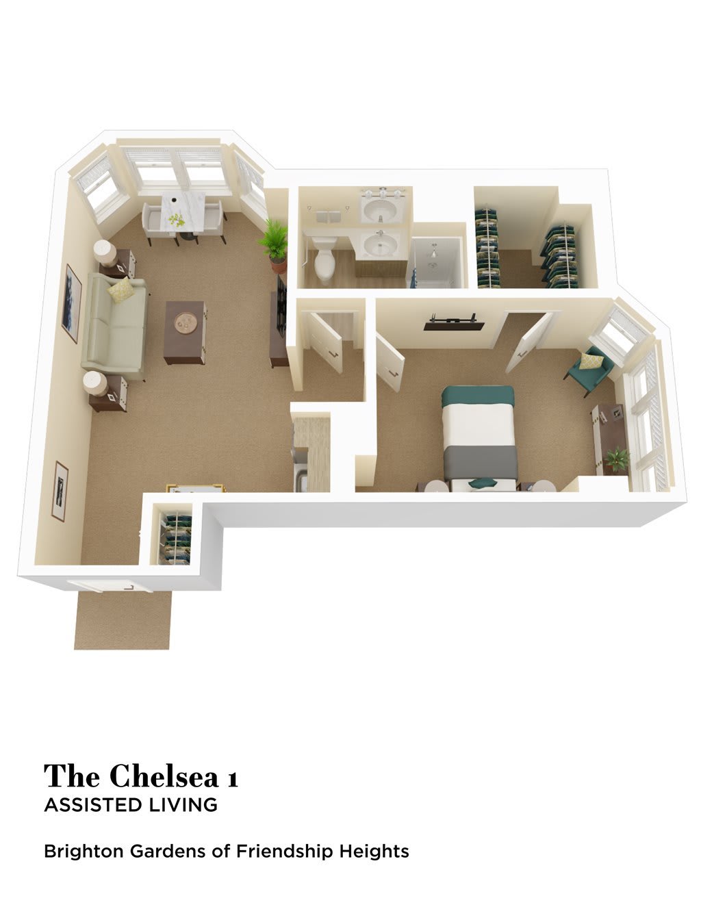 3D floor plan of a one-bedroom apartment labeled 'The Chelsea'.